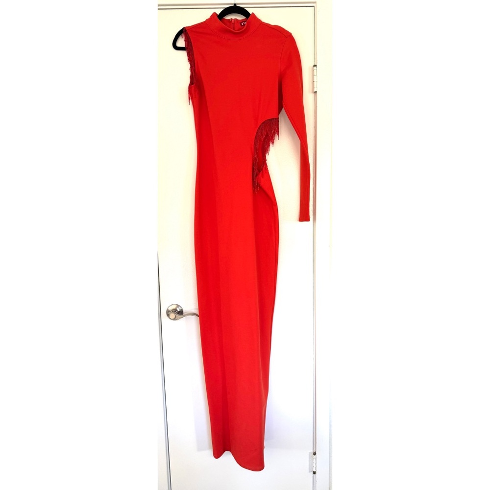 Staud Red/Orange Knitted Fringe Gown Dress